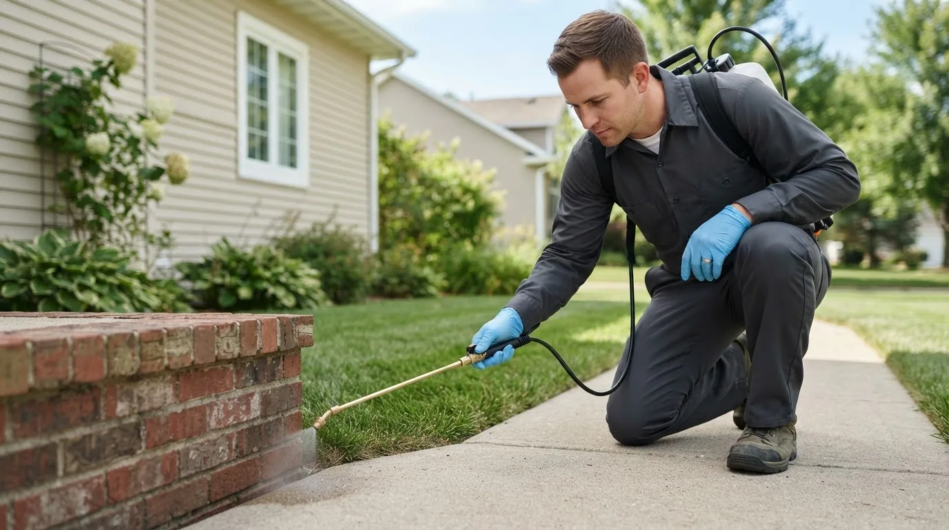 Pest control technician treating a home near Dent, MN