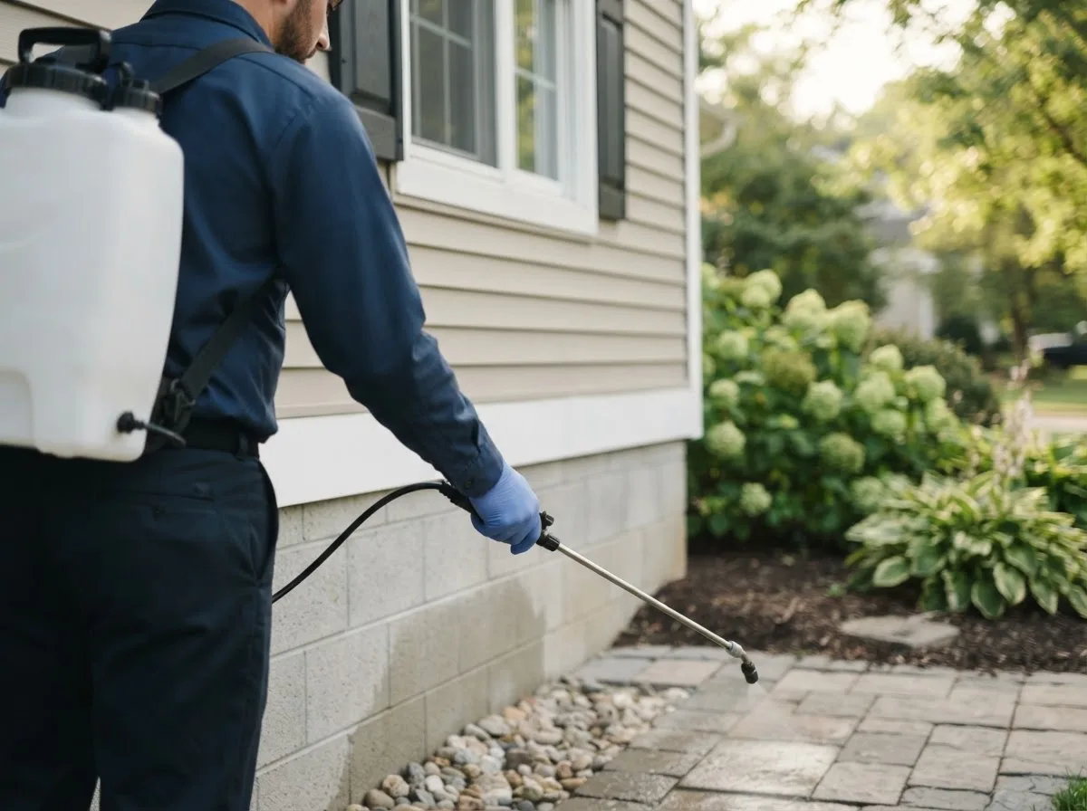 Pest control technician inspecting a home in Dent, MN